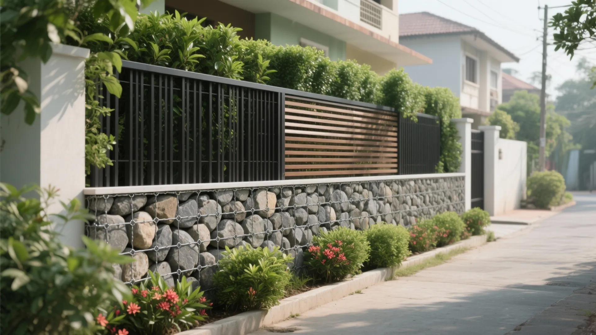 Green Boundary: Gabion Base + Slats + Hedges (Soft Power, Strong Spine)