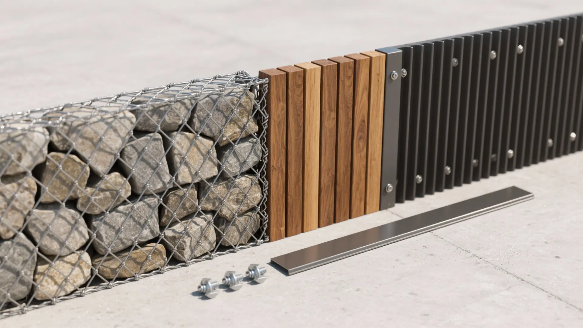 Layered Materials: Gabion Base + Timber or Metal Slats