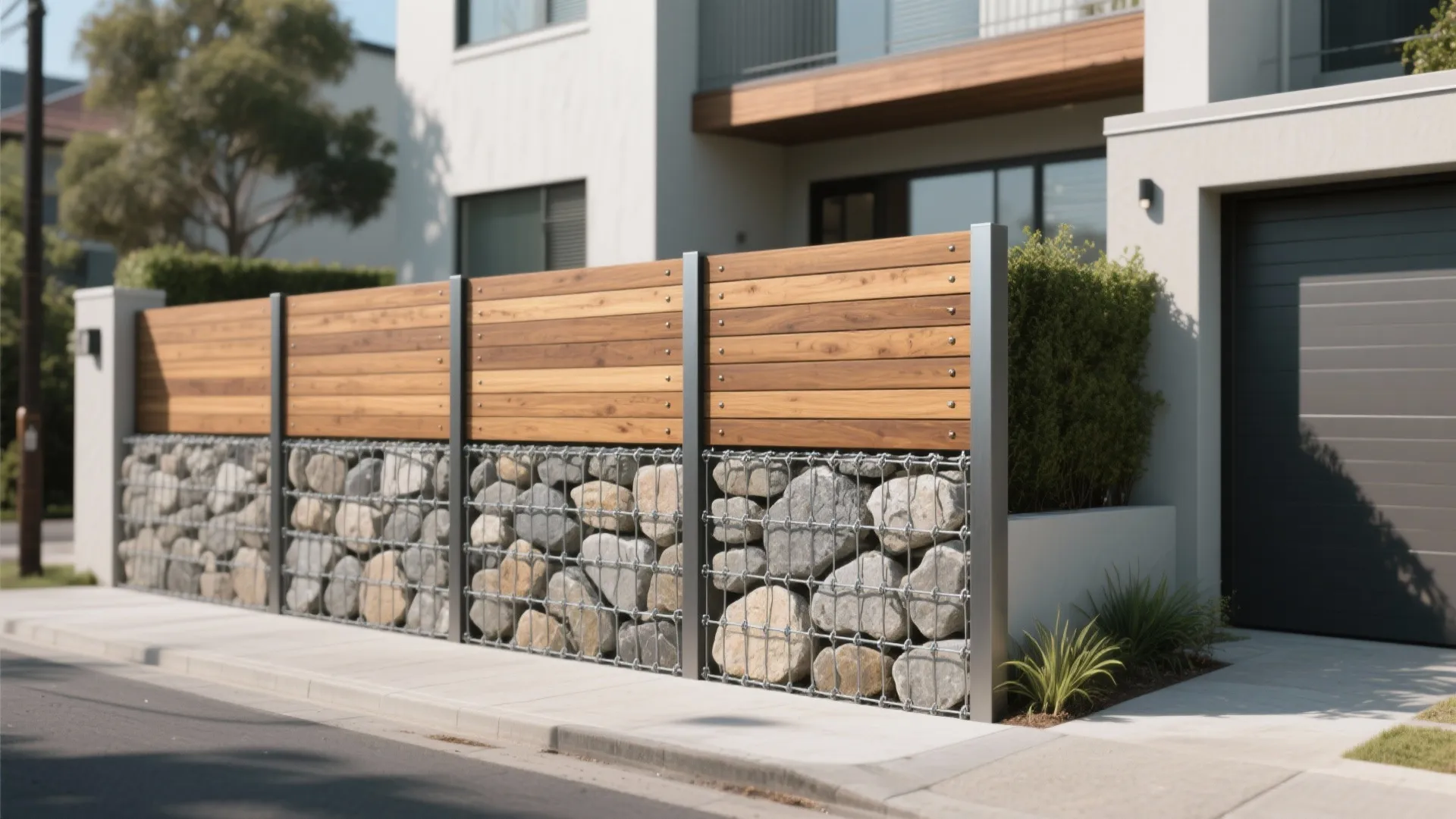 Mixed-material boundary wall: gabion base + timber slats