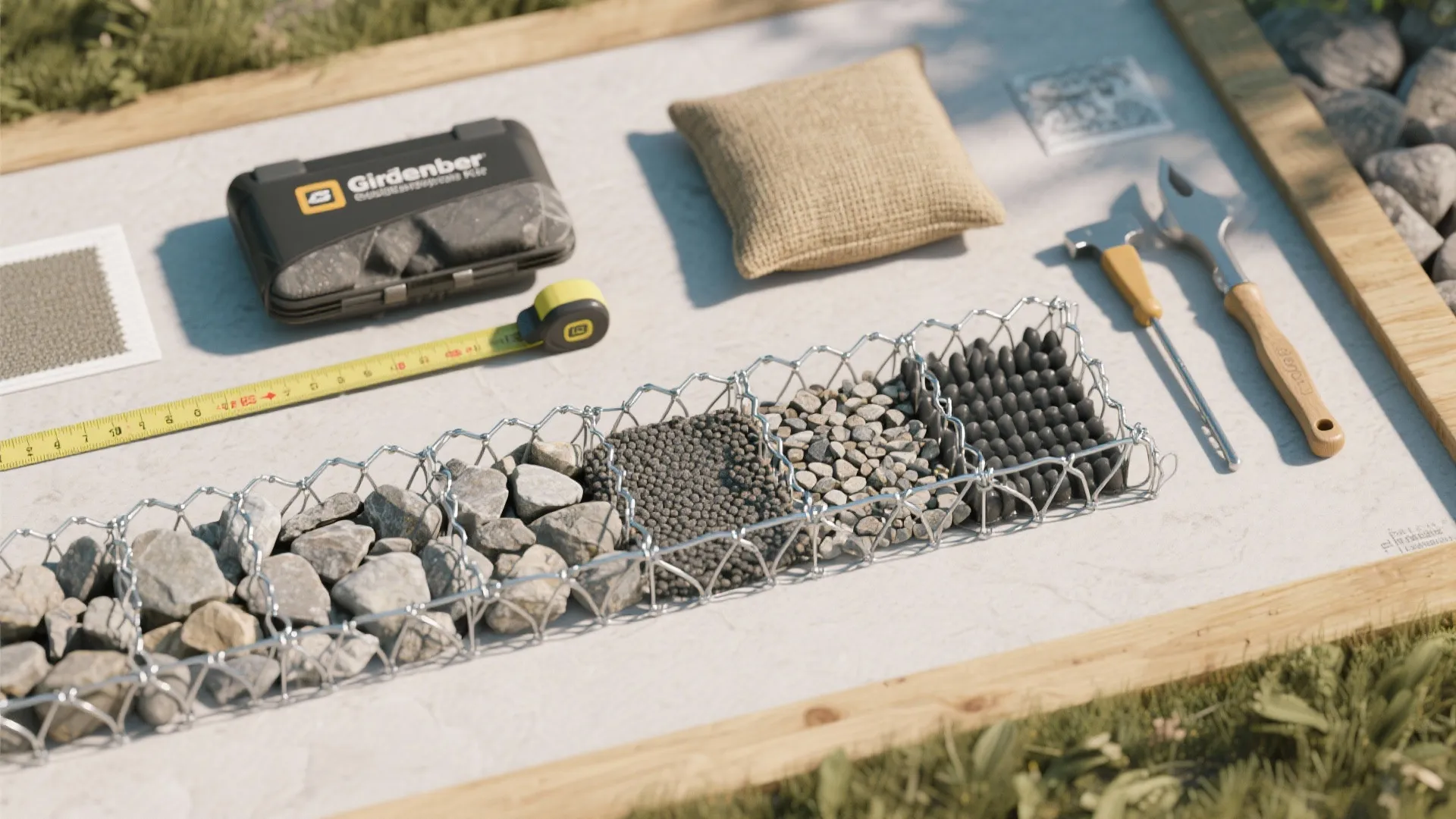 Wire mesh baskets with different stones next to a tape measure and small garden tools