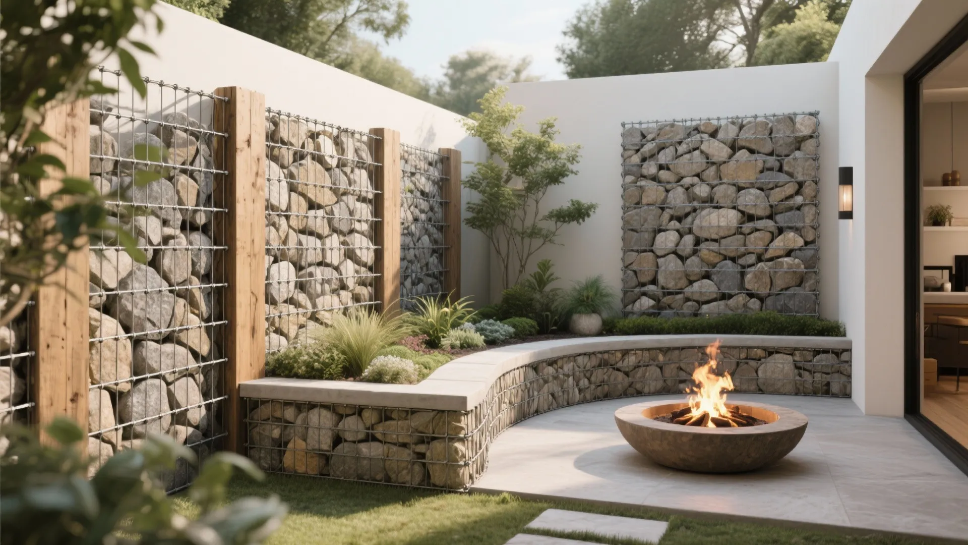 Backyard patio featuring stone walls with wooden posts curved bench seating and a small fire bowl