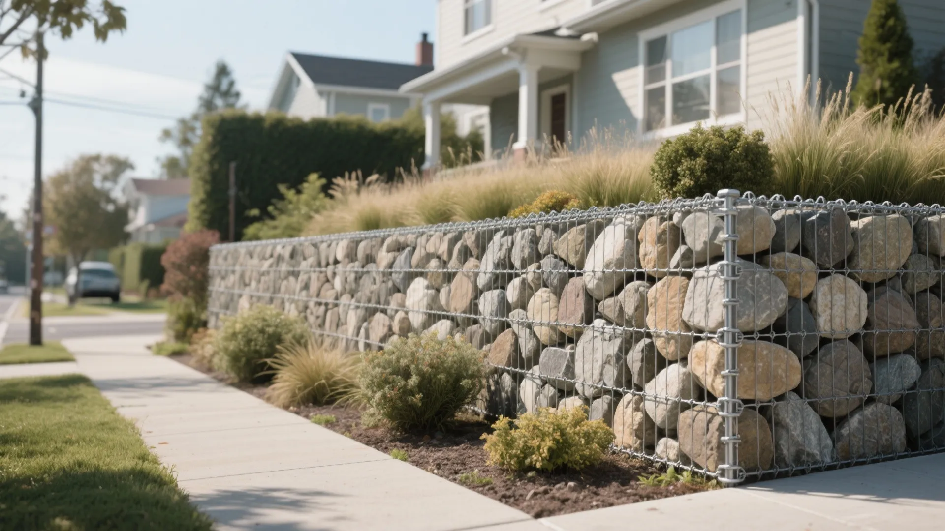 4) Gabion baskets for rugged texture and sound buffering