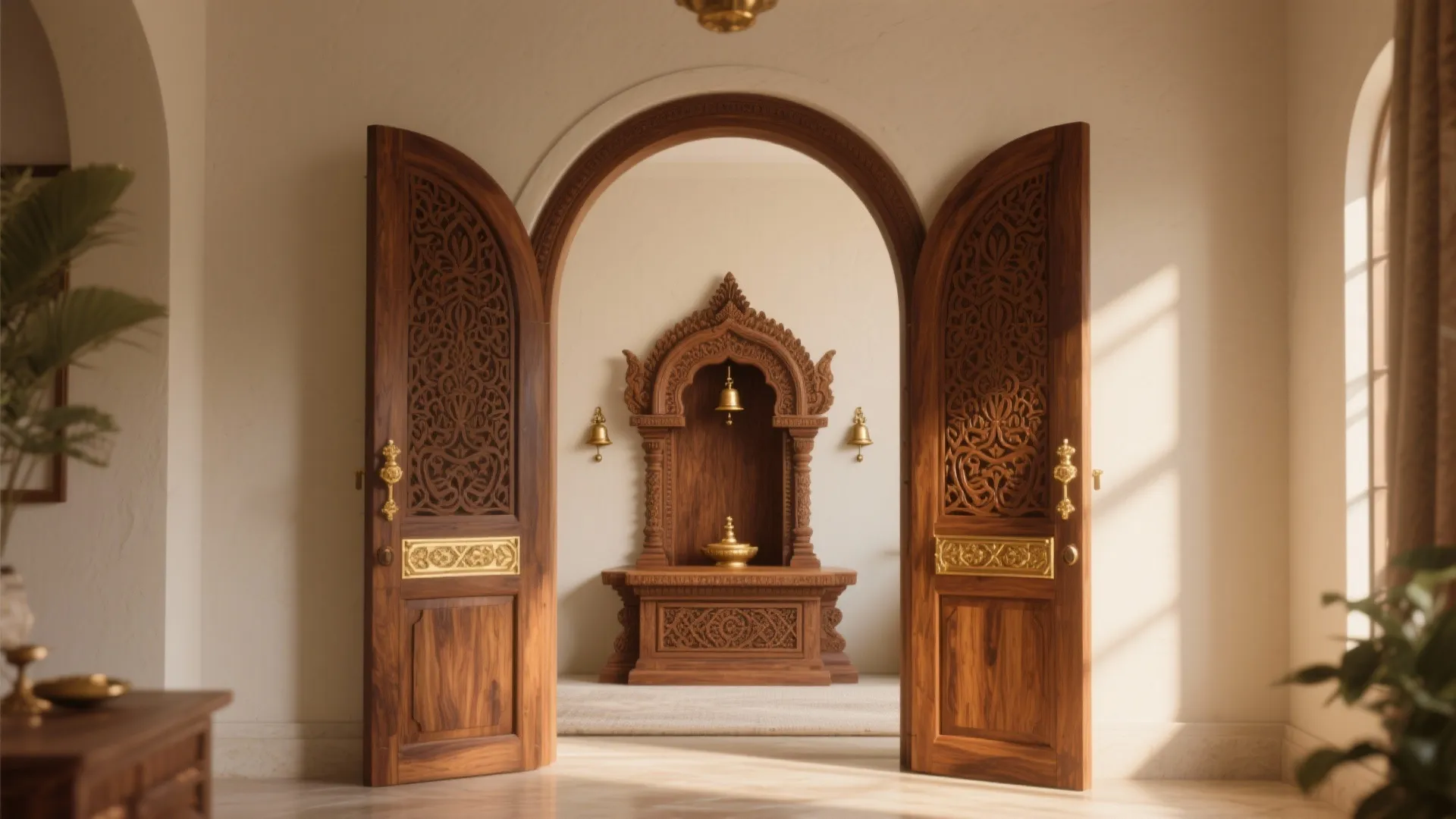 Carved wooden arched doors open to show a wooden altar with brass bells and sunlight