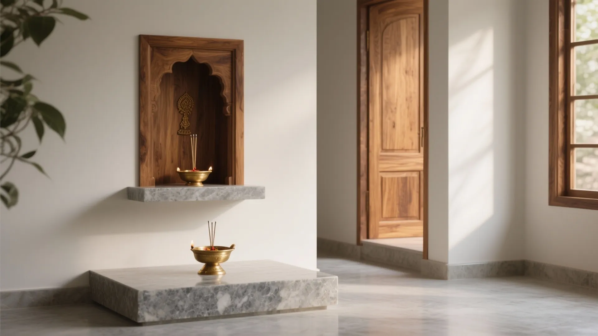 Modern indoor prayer space with wooden wall shelf marble base gold lamps and natural sunlight