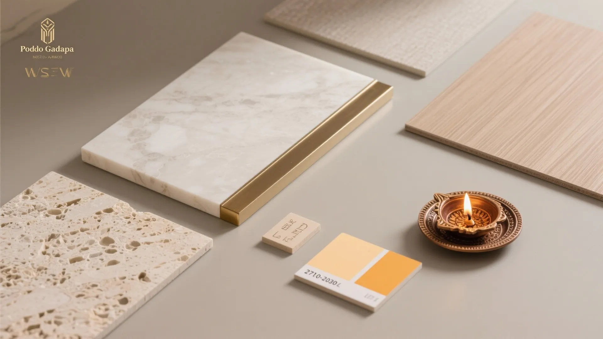 Flatlay of quartz, brushed brass, matte laminate, and warm LED swatches for a pooja gadapa.