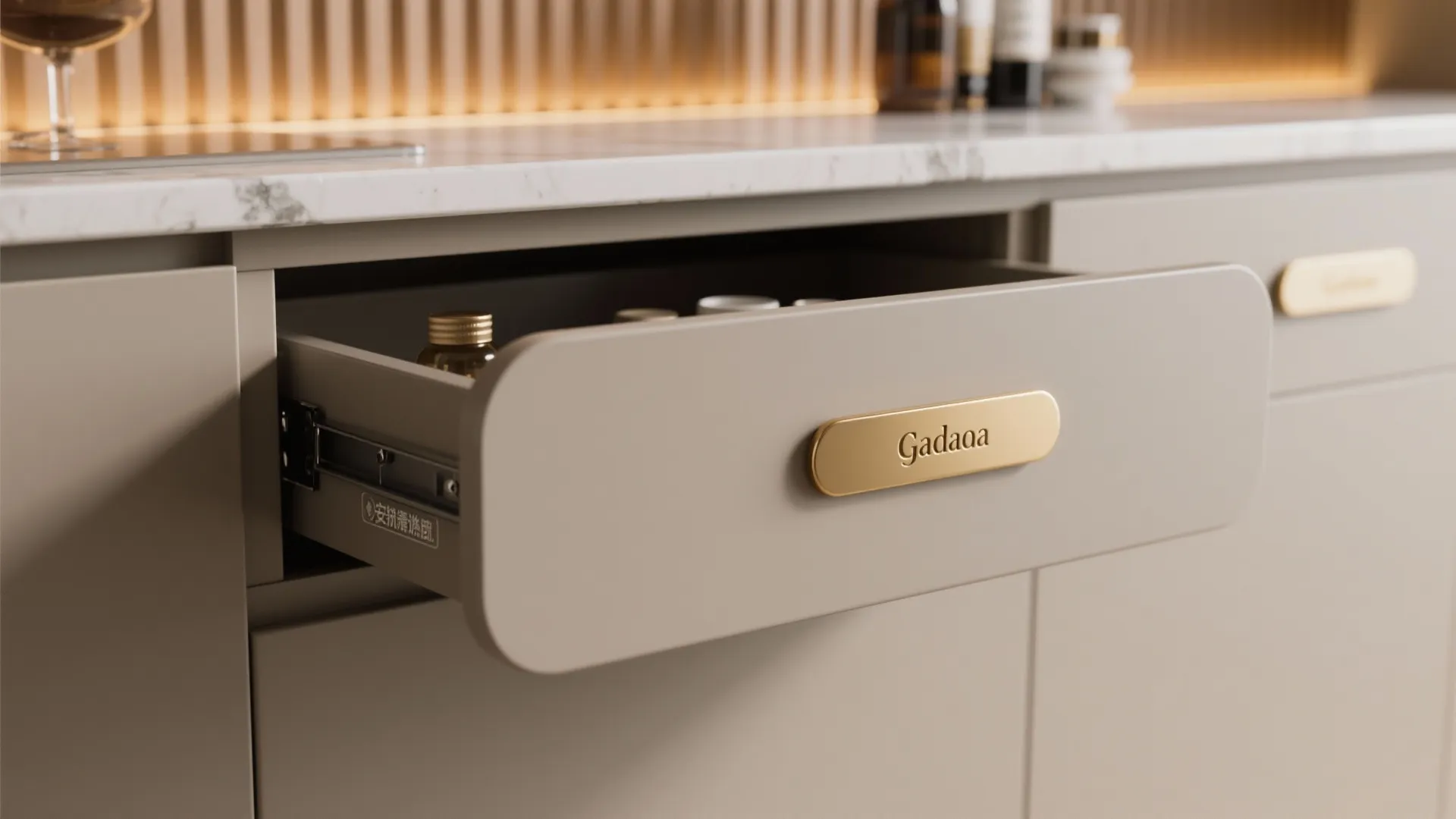 Macro view of hidden drawer and safety details beneath a pooja gadapa with brass backsplash.