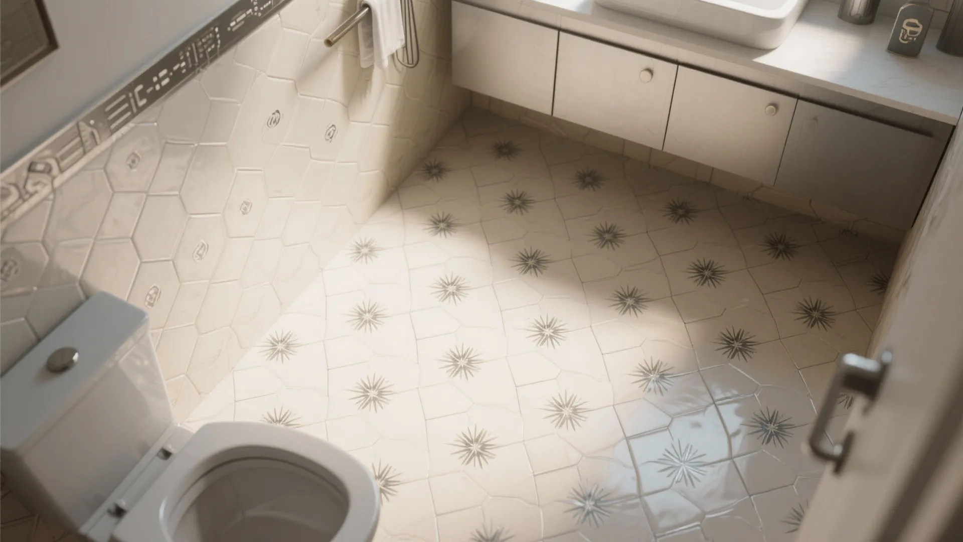 Hex and starburst tile pattern on a bathroom floor and backsplash, limited to a single focal area.