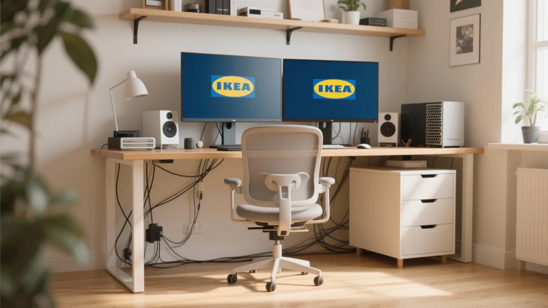 Modern workspace with dual computer monitors on a wooden desk grey chair and white cabinet