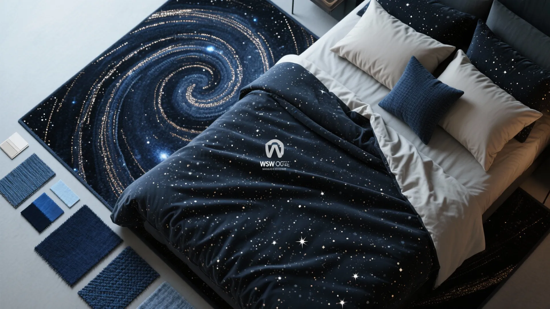 Top view of a bed with starry pattern quilt next to a galaxy design rug