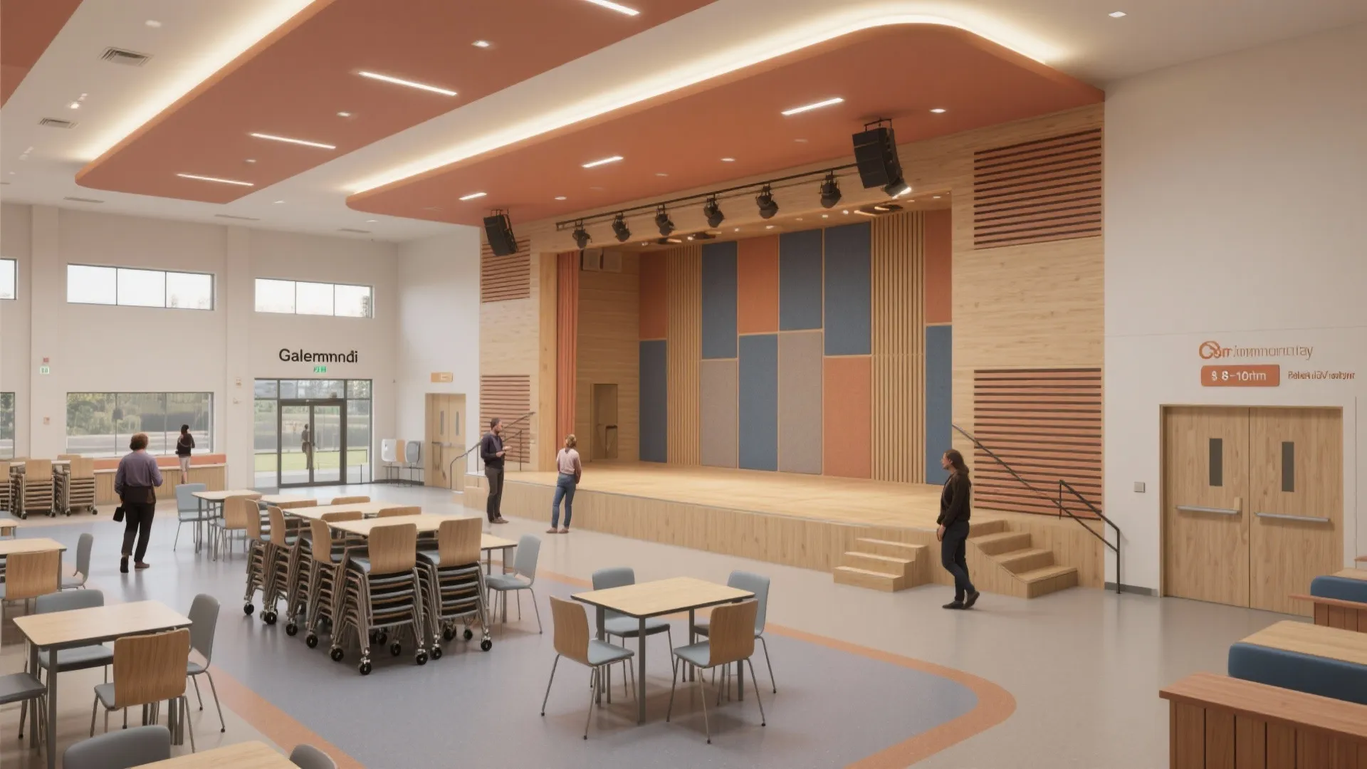 Modern community hall interior design with a wooden stage stage lights tables chairs and windows