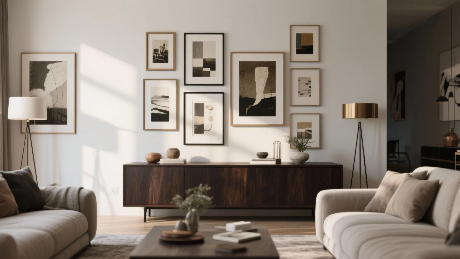 Modern living room featuring a dark wood cabinet with framed art pieces on the wall