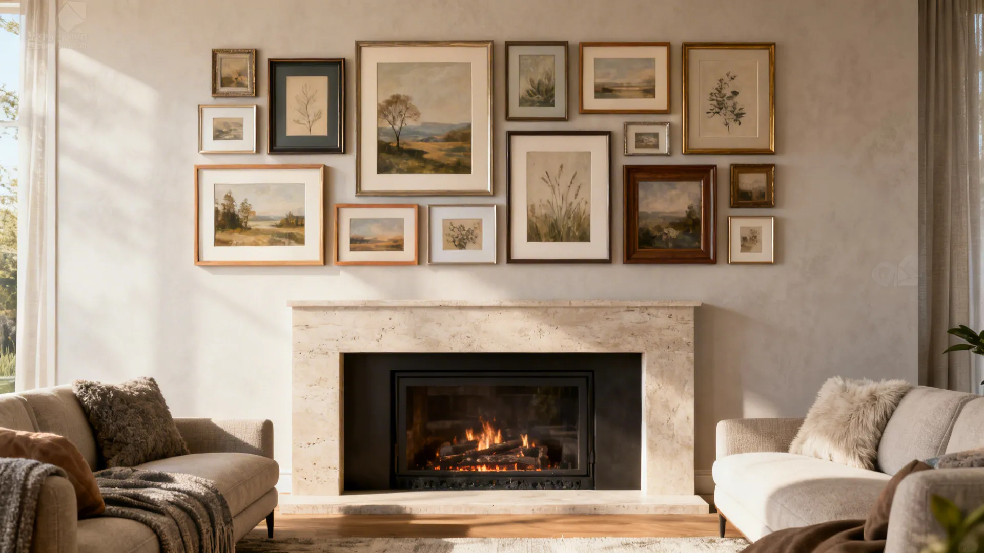 Fireplace with a low hearth and a gallery wall of mixed frames above, balanced and curated.
