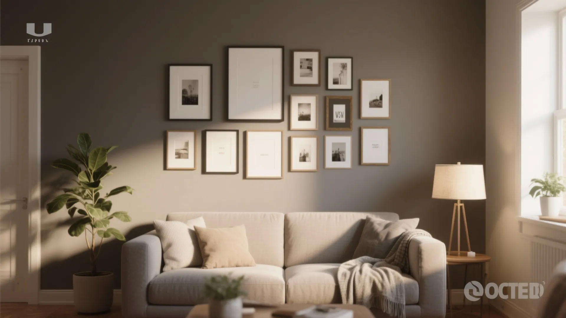 Cozy living room featuring a beige sofa floor plant lamp and many frames on wall