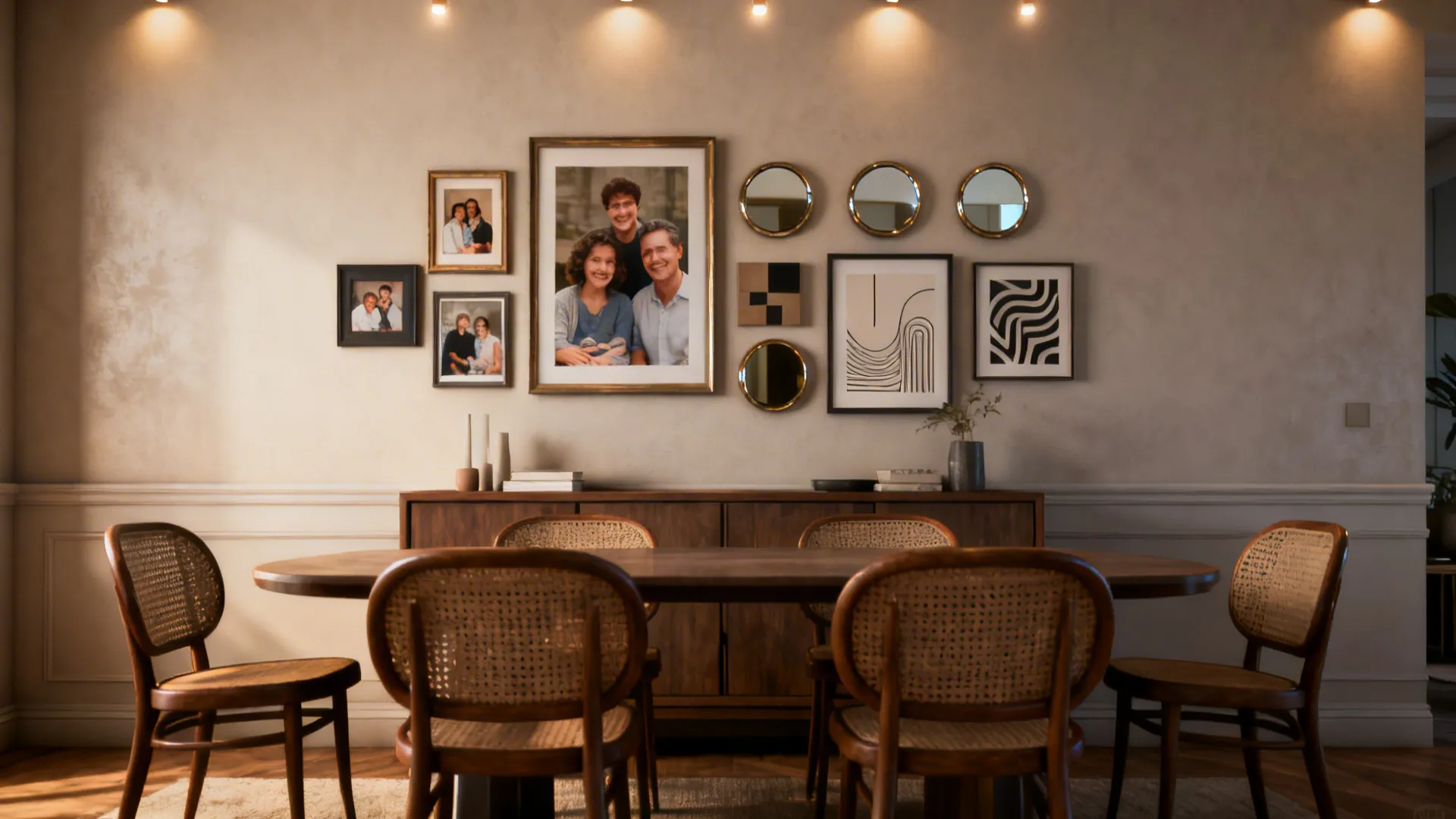 Dining room gallery wall with mixed frames and mirrors above a buffet, styled warmly.
