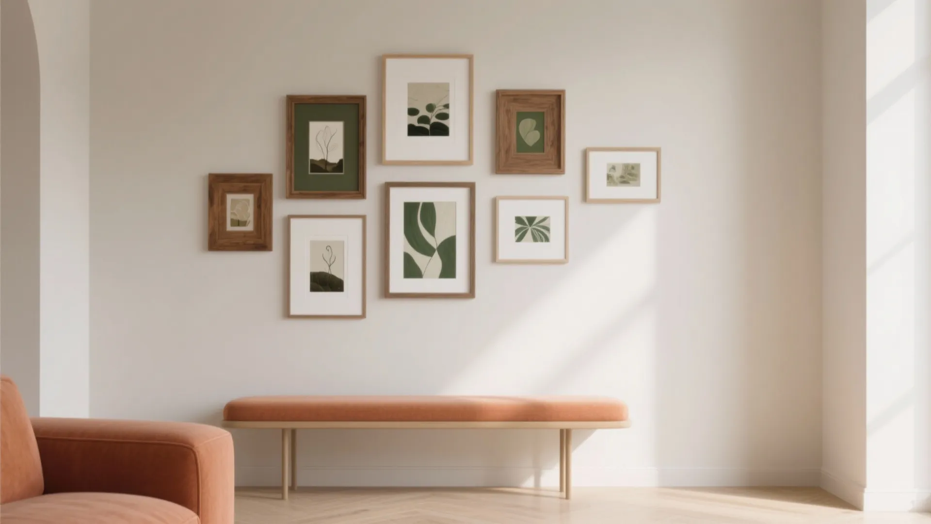 Modern gallery wall with wooden framed nature art above an orange bench in minimalist living room
