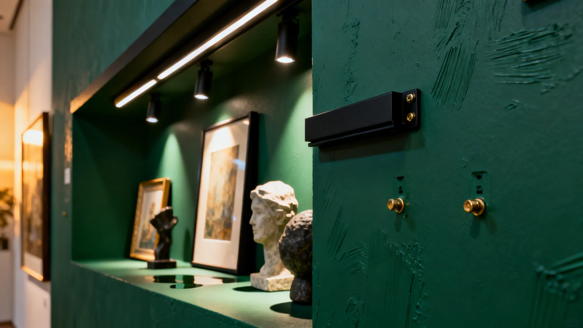 Accent-lit alcove gallery with matte paint and framed art on removable rails