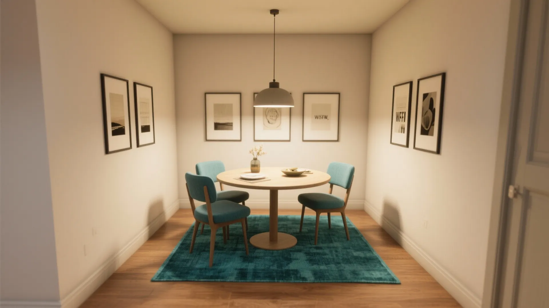 5. Anchor a lively gallery wall and pendant above the table