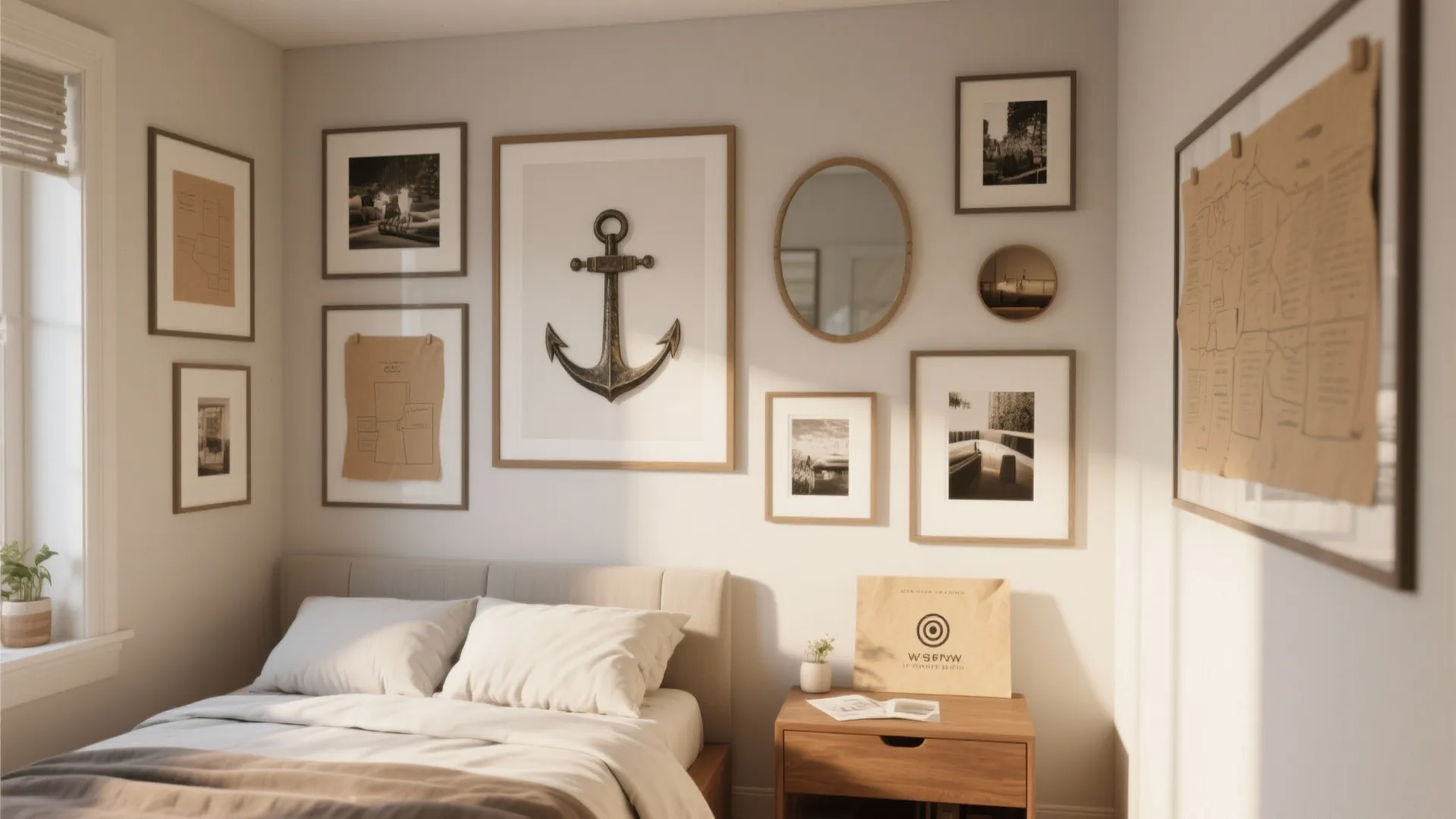 Modern bedroom with gallery wall featuring an anchor print above a comfortable bed and nightstand
