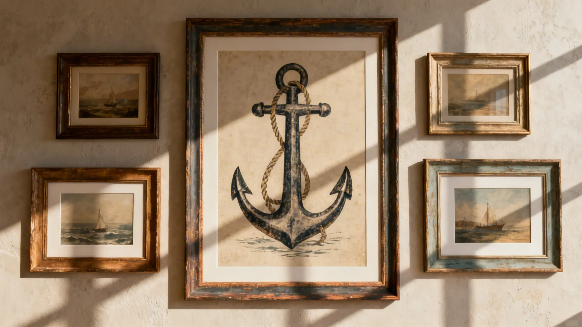 Gallery wall centered on a large anchor piece with smaller companion frames arranged with breathing space.