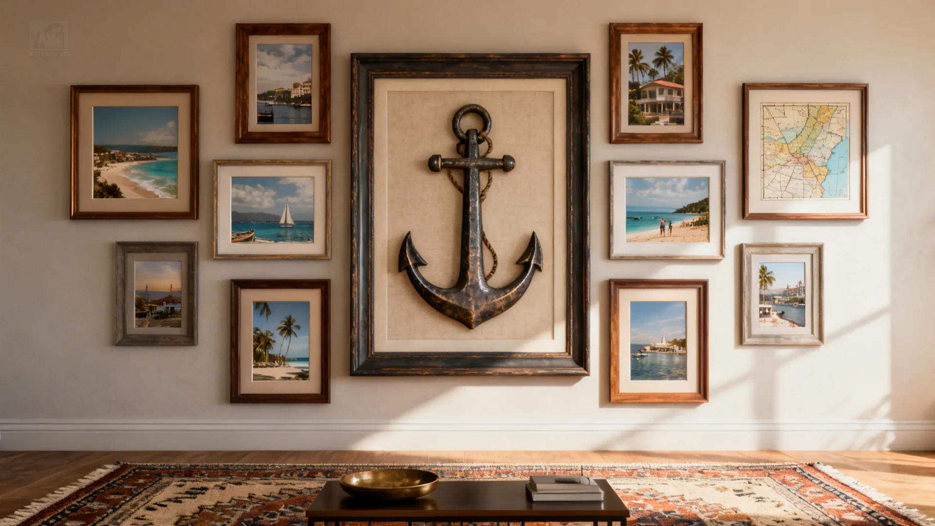 Gallery wall with a large central anchor frame and smaller surrounding frames in a warm living room.