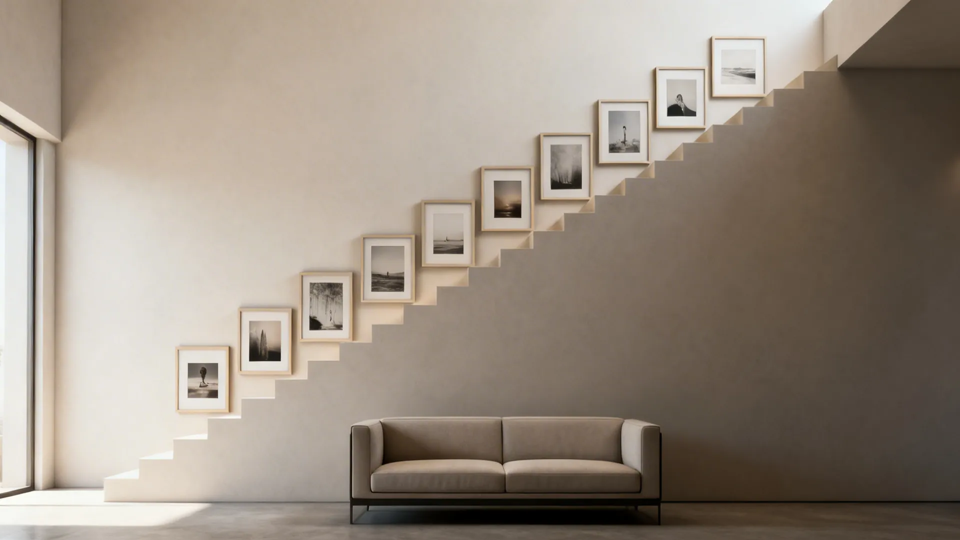 Angled wall with a descending gallery of framed prints creating visual rhythm.