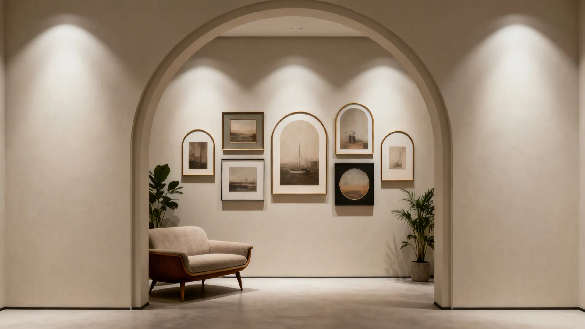 Gallery wall with framed pictures and sofa viewed through large archway with warm wall lights