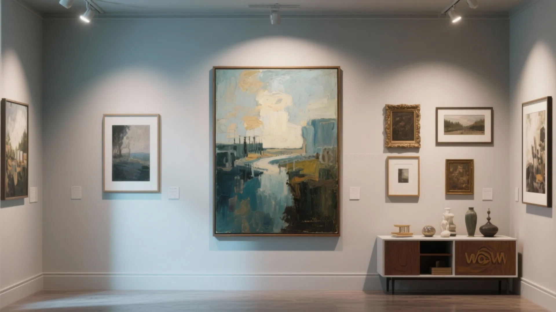 A gallery-style arrangement with a large central painting and smaller surrounding works above a console.