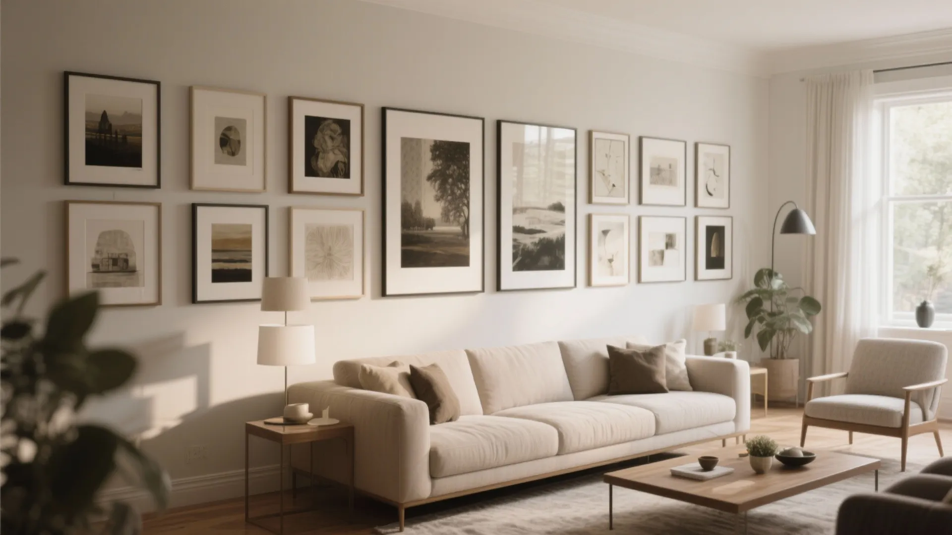 Bright living room with many framed pictures on wall behind cream sofa and coffee table