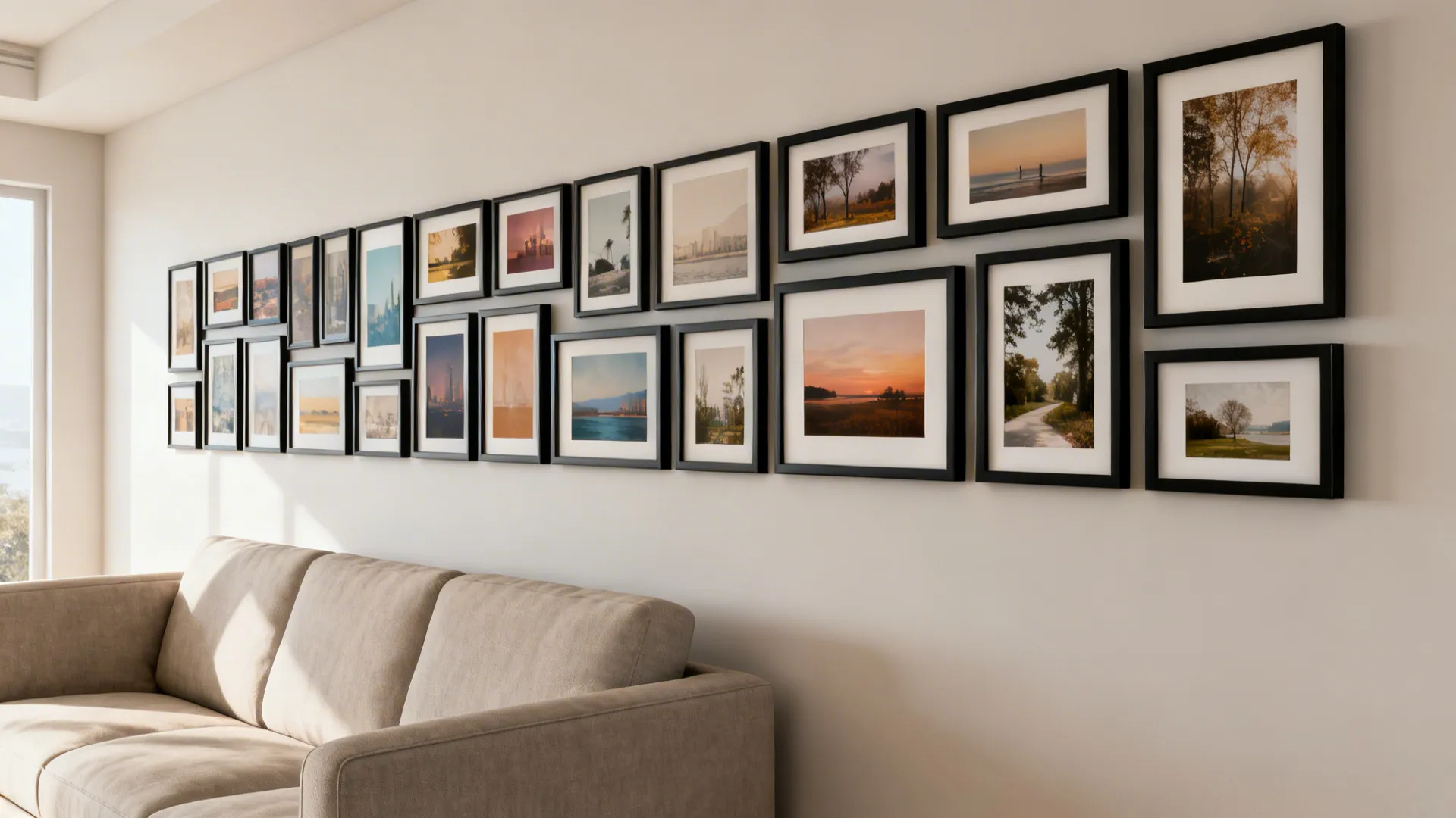 Long wall with a gallery-style arrangement of framed prints above a neutral sofa.