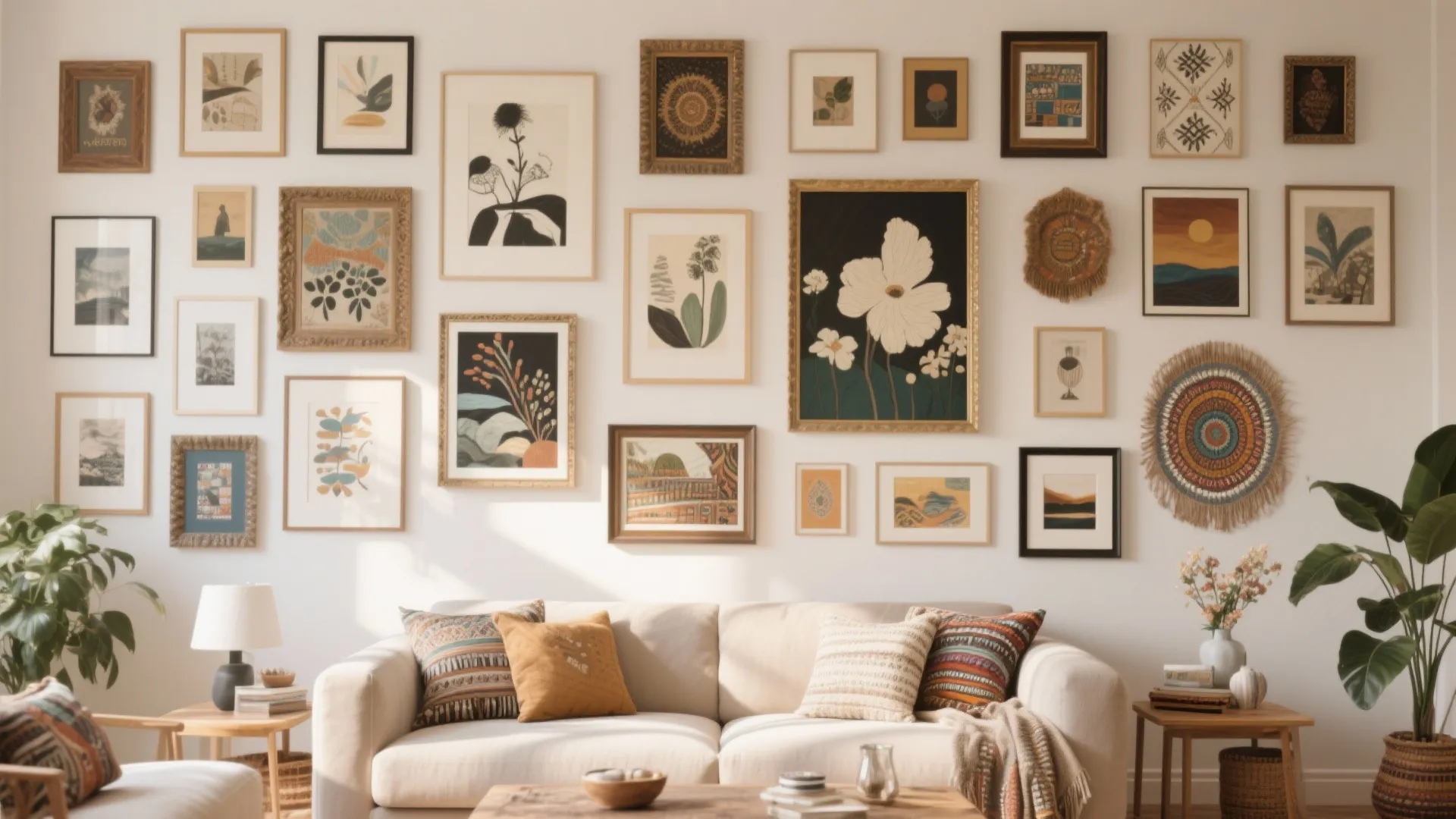 Living room with a gallery wall full of framed art