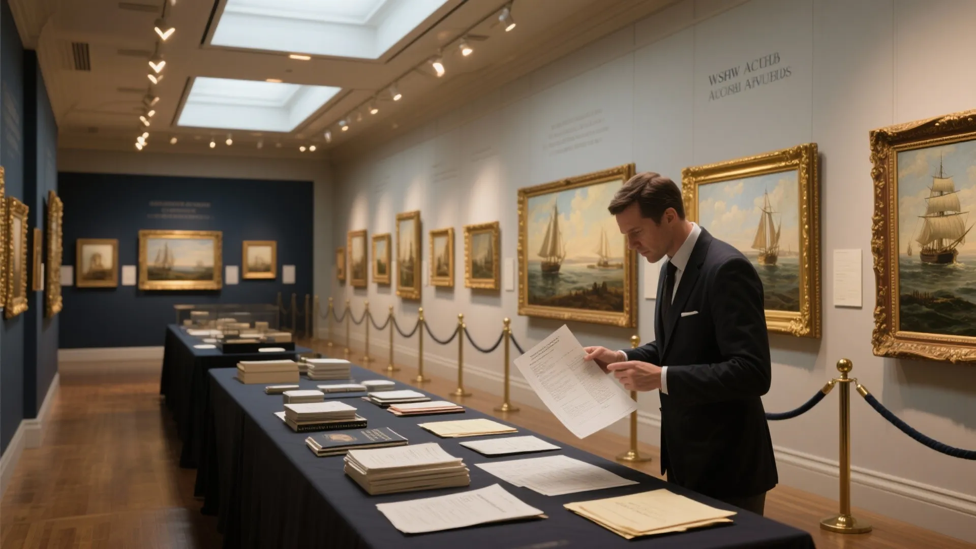 Interior of a reputable auction gallery with framed maritime paintings, catalogues, and staff reviewing provenance files.