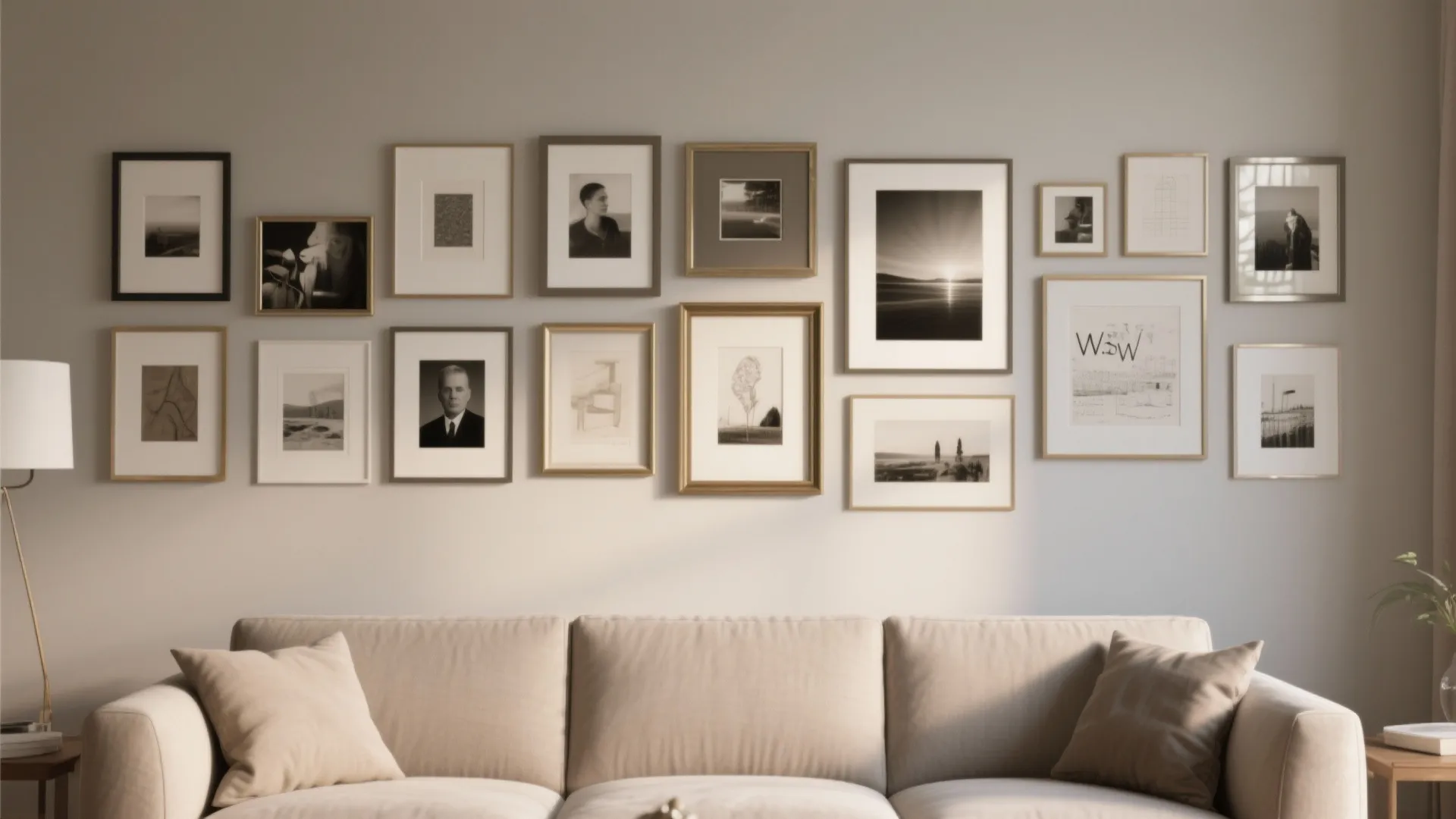 Warm greige gallery wall with framed art above a sofa, showing how paint lifts artwork.