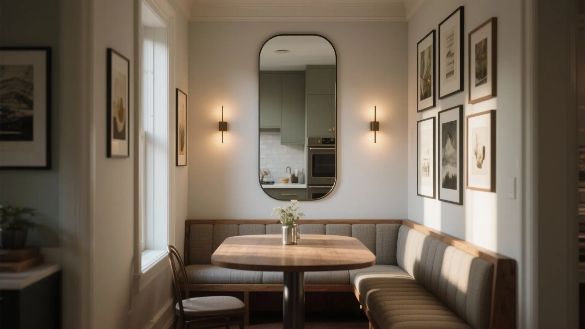 Cozy dining area with wooden table, padded corner sofa, oval wall mirror, and wall lights