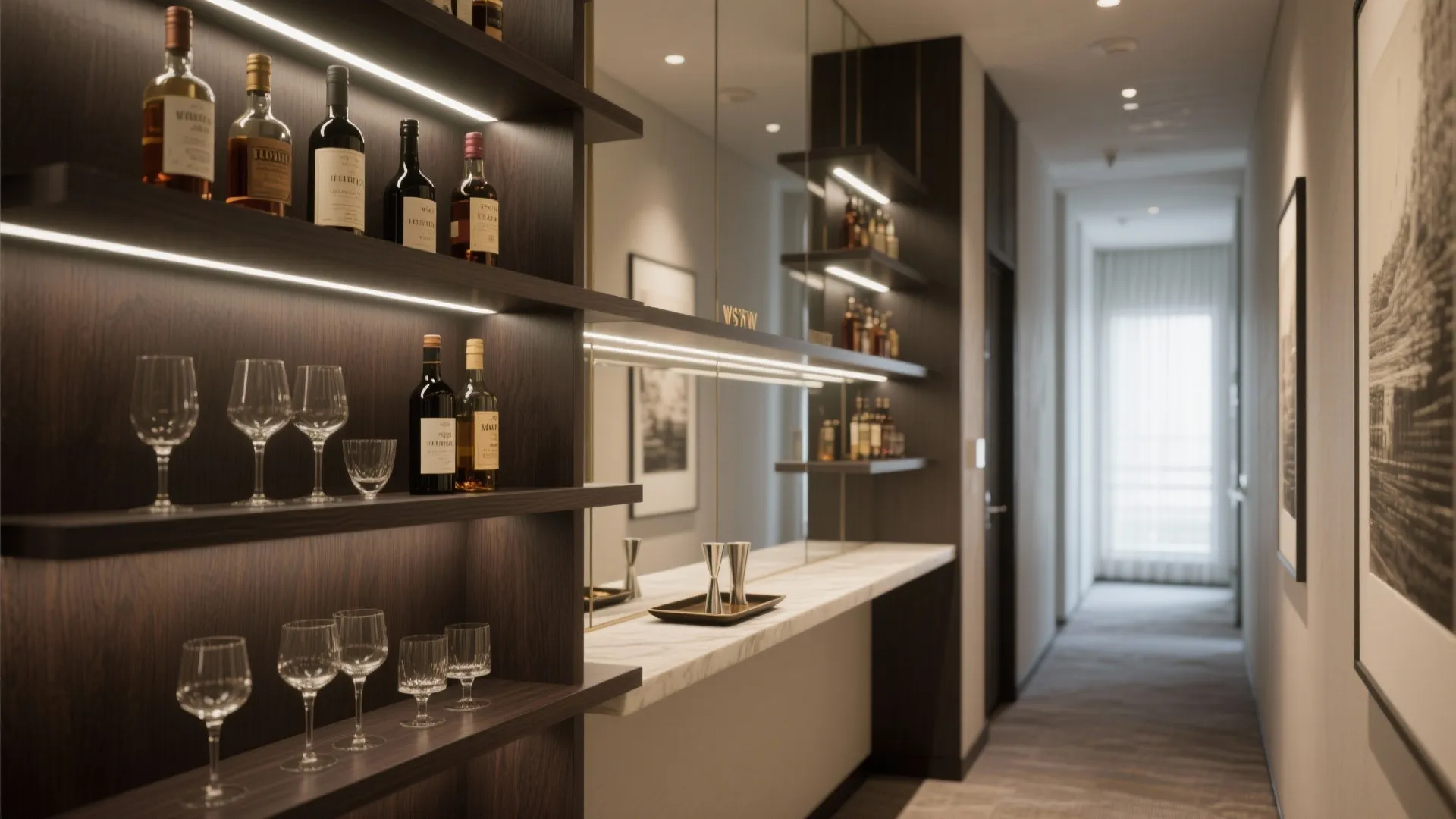 Slim gallery bar in a hallway with floating shelves, LED strip, mirrored back and glassware