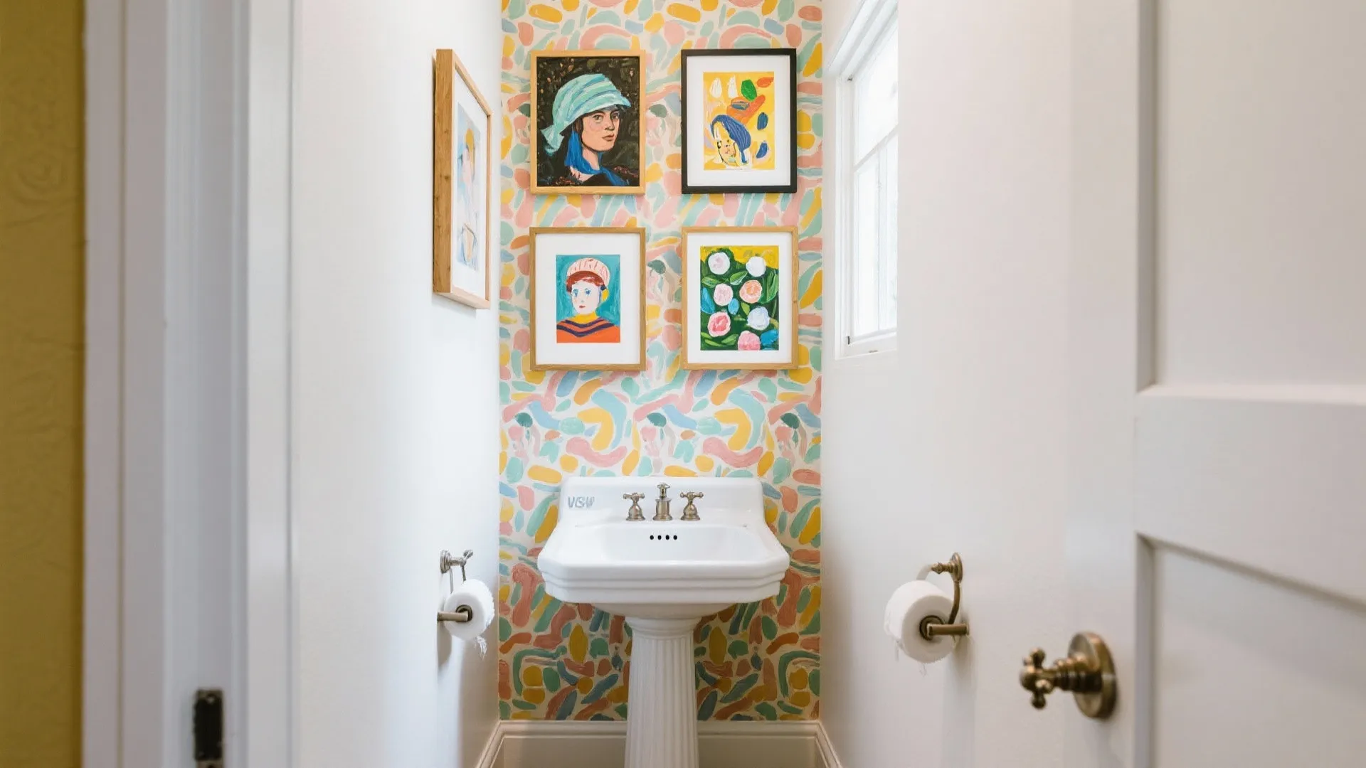 Narrow bathroom with colorful patterned wallpaper and gallery wall art above a white pedestal sink
