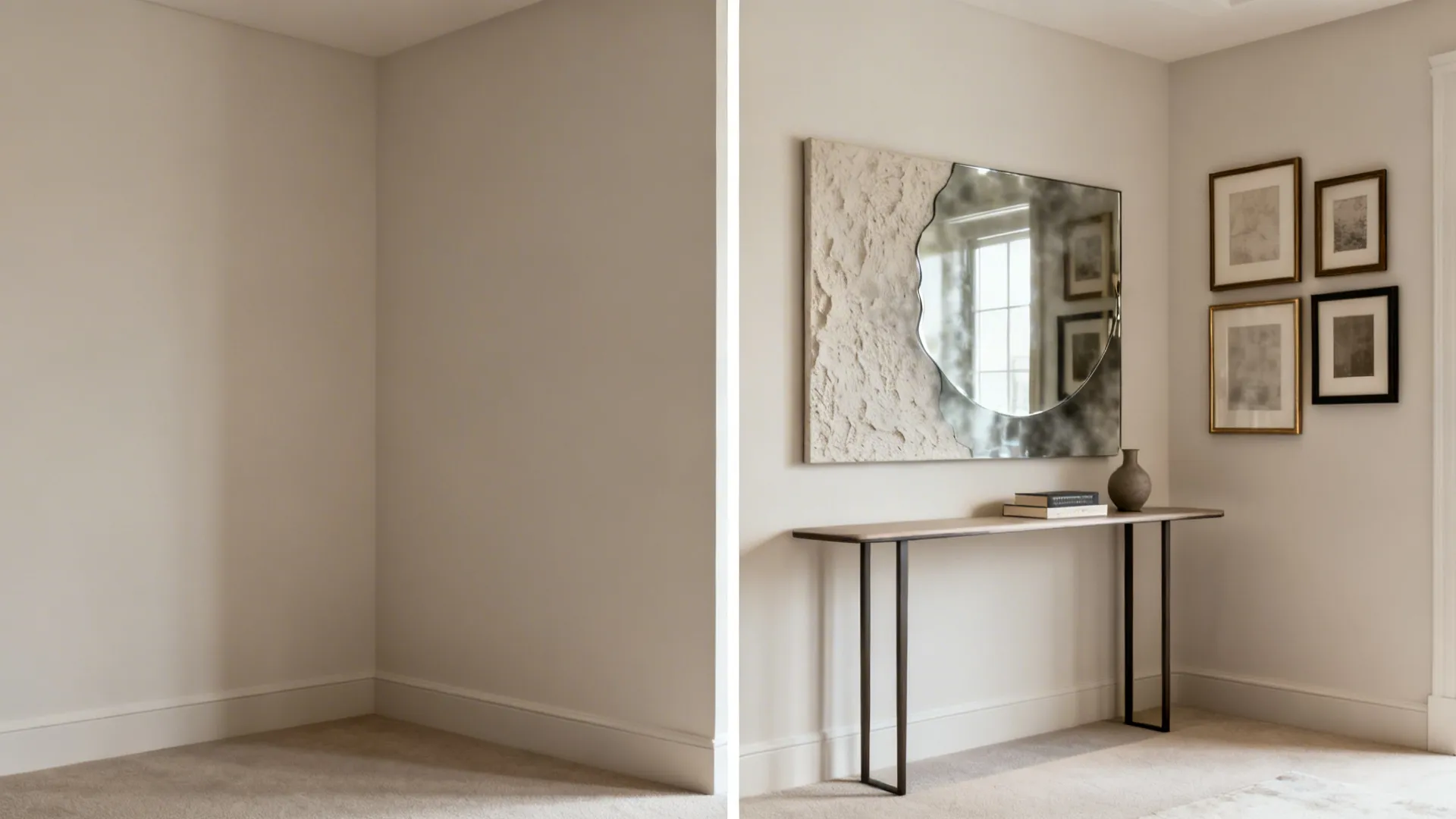 Side-by-side of an empty corner versus a styled corner gallery with console and mirror.