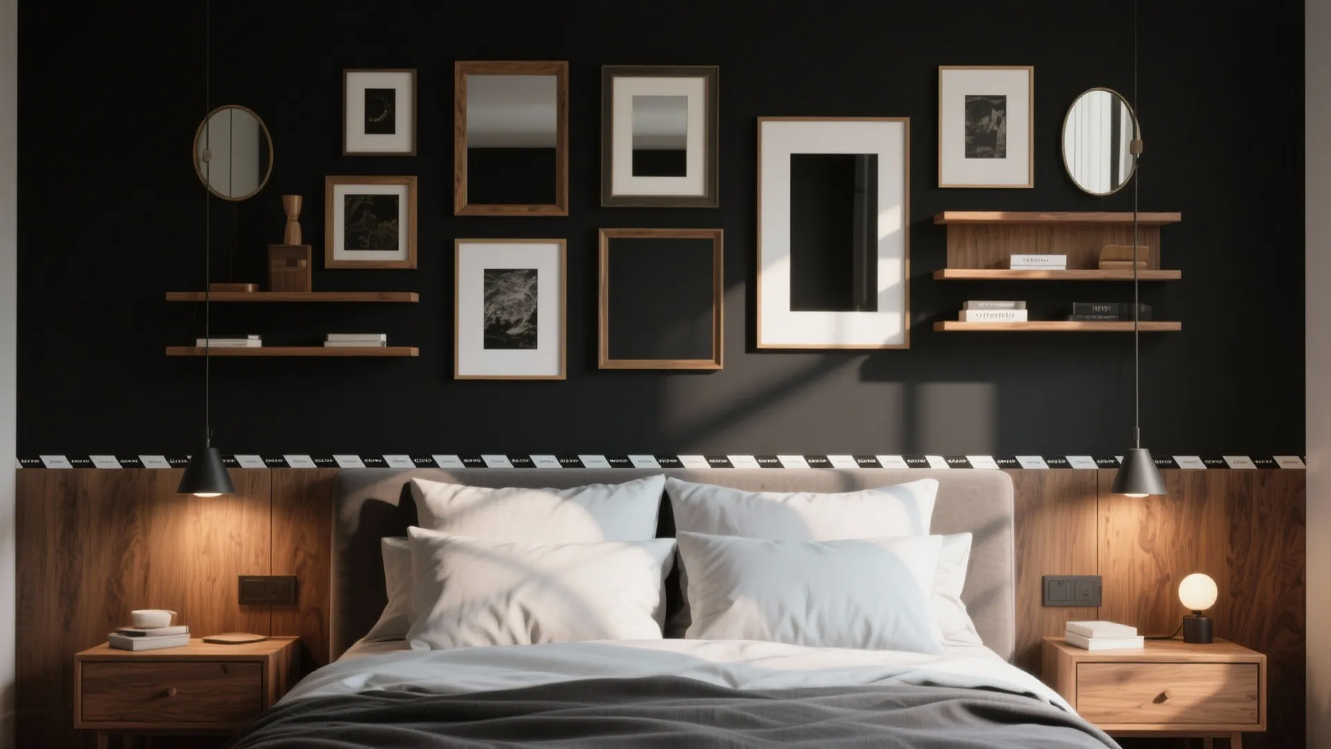 3. Black gallery wall mixed with mirrors and wood frames
