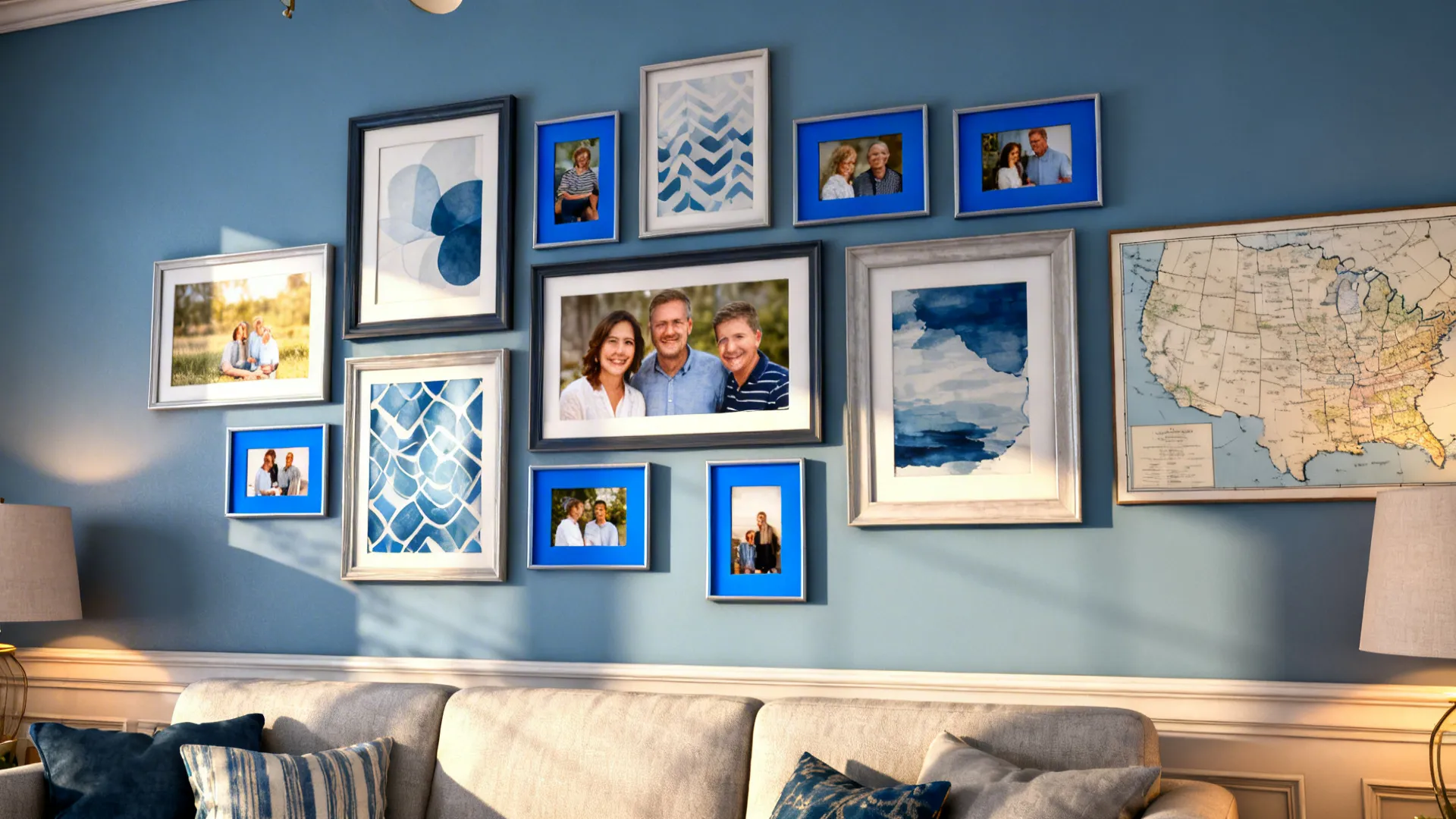 Gallery wall with mixed frames and coordinated blue mats above a sofa in a cozy living room.