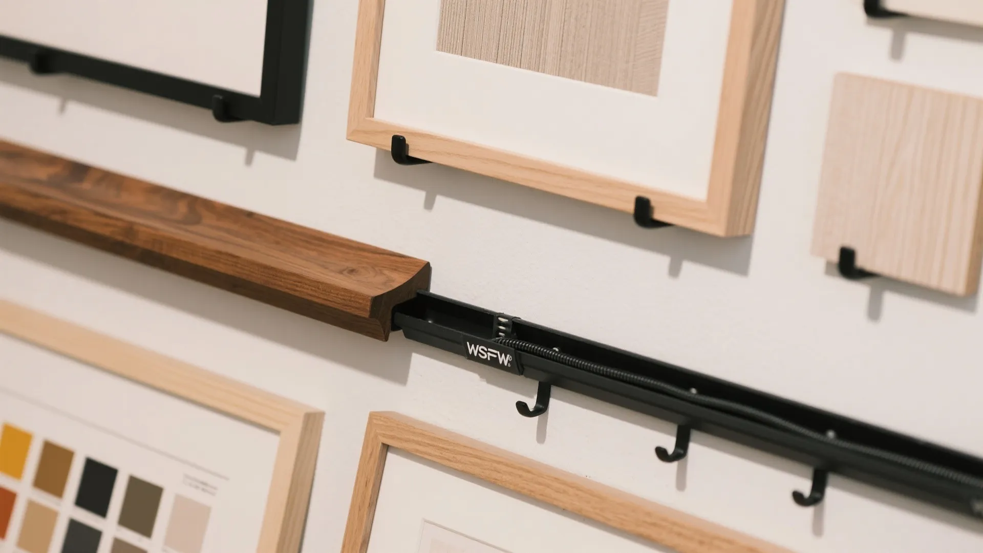 Flatlay with oak ledge, frame corners, hanging strips, and a paint-matched raceway.