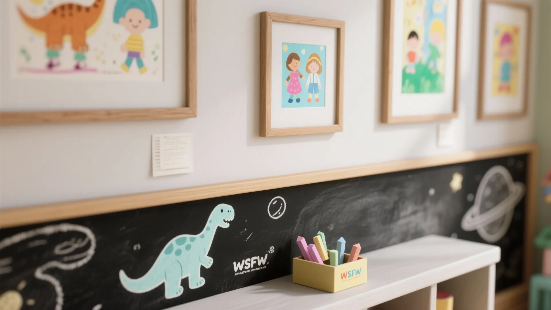 Close up of black chalkboard wall with dinosaur drawings and colorful chalks in wooden box