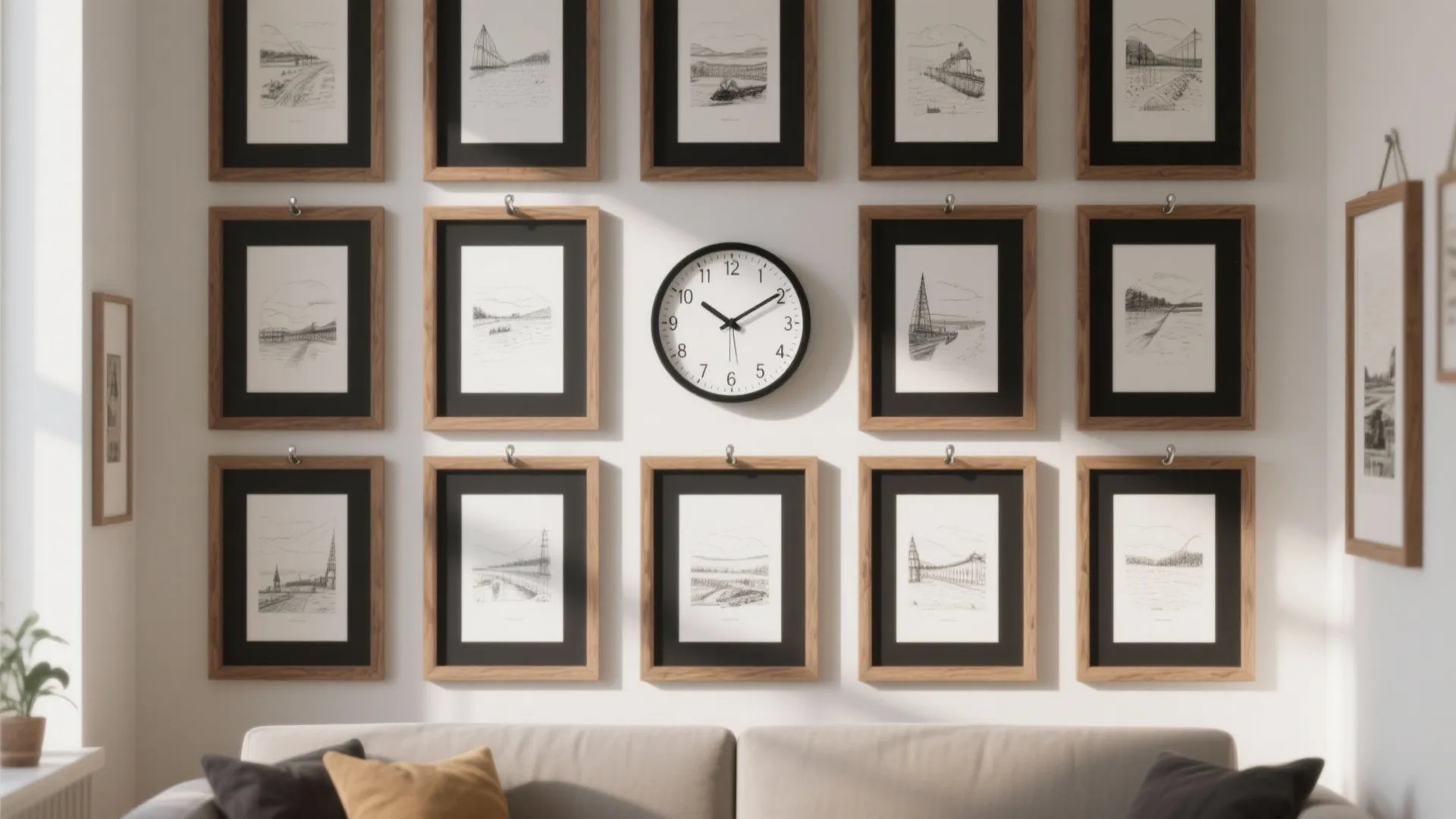 Gallery wall with framed pictures and a central round clock above a light beige sofa
