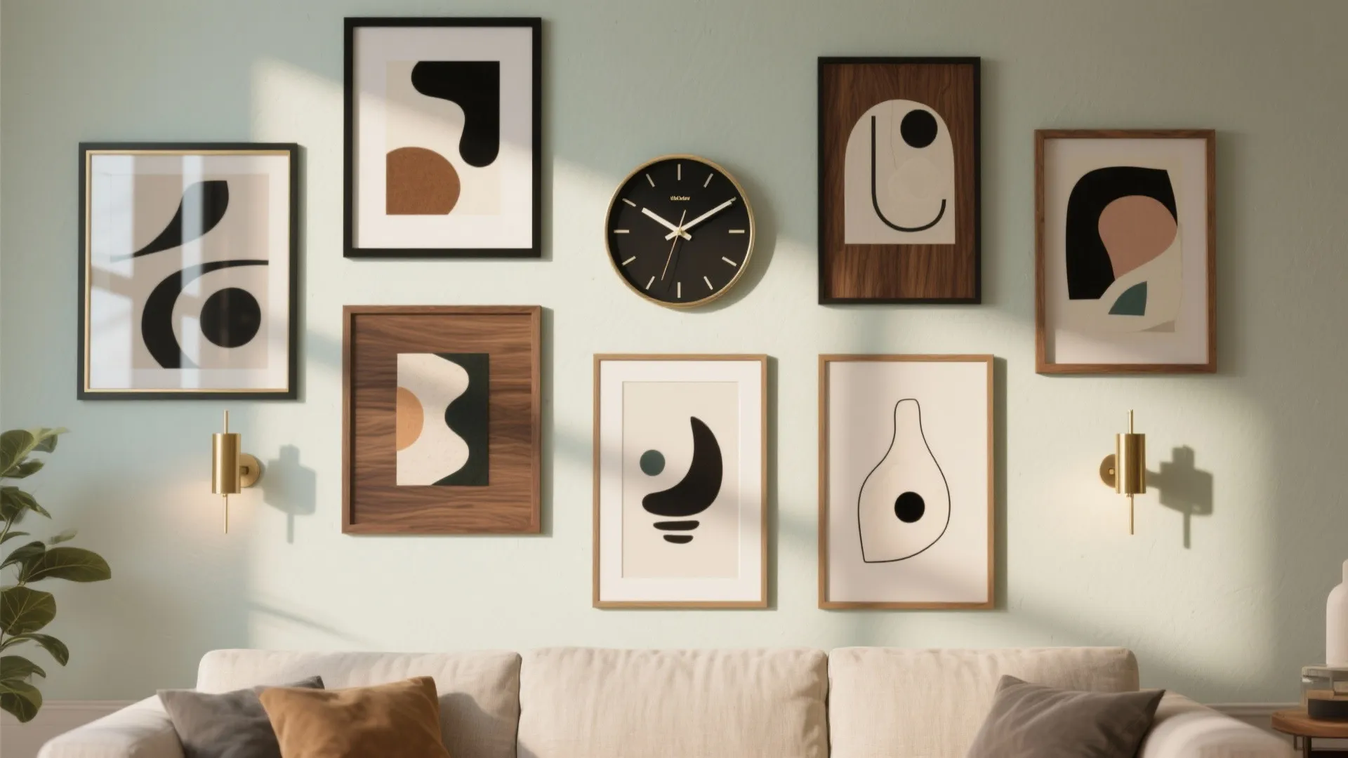Gallery wall above a sofa with black wall clock surrounded by various abstract framed art