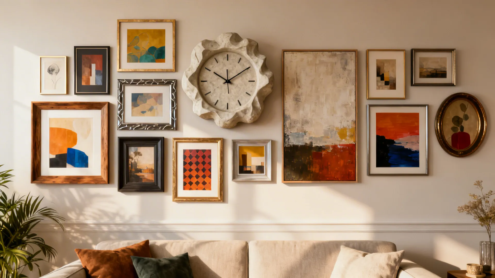 Gallery wall anchored by a large clock among a curated mix of frames and artworks in a living room.