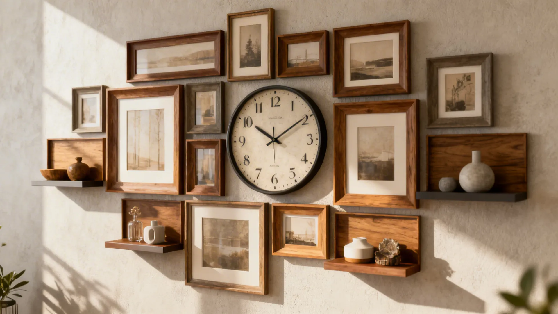 Large round black clock surrounded by many wooden picture frames on a bright sunny wall