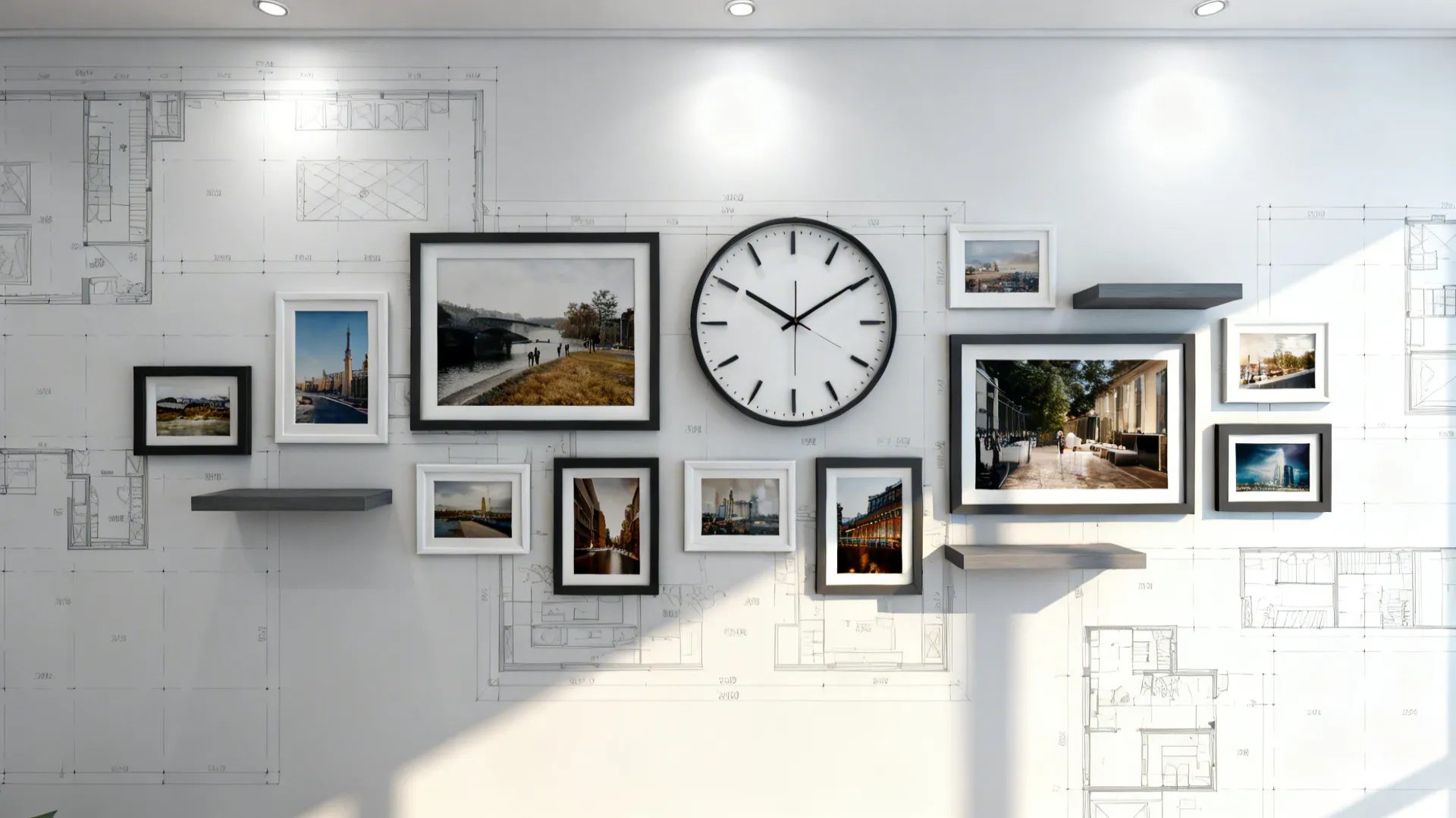 Gallery wall with a round clock and various picture frames over a room layout background