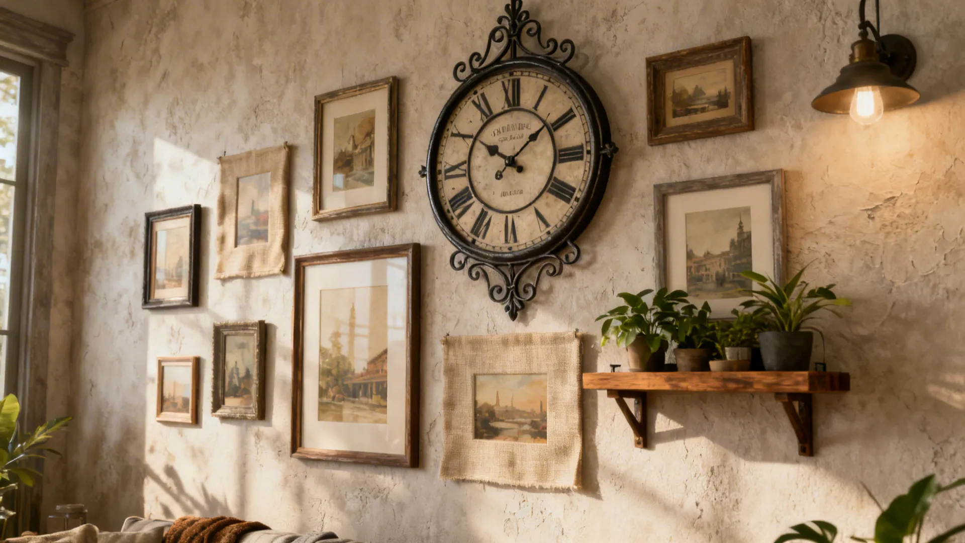 Gallery wall mixing a large wrought-iron clock, linen prints and a small plant shelf for a textured living room display.