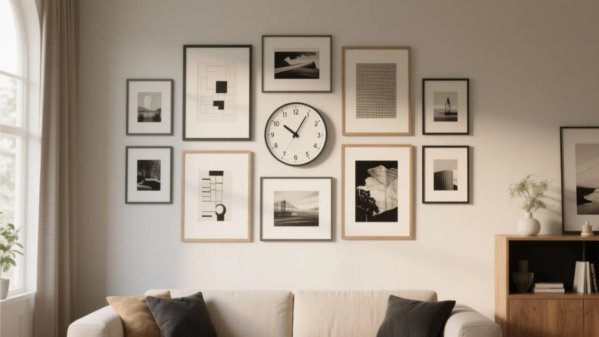 Gallery wall anchored by a round clock with matte frames and neutral finishes, evenly spaced on a cream wall above a sofa.
