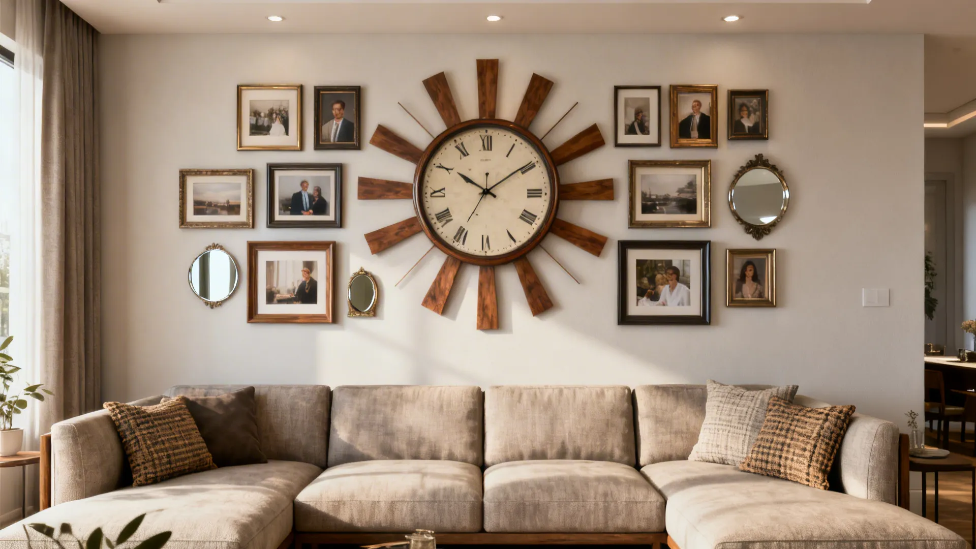 Gallery wall centered on a large clock with framed photos and mirrors in a cozy living room
