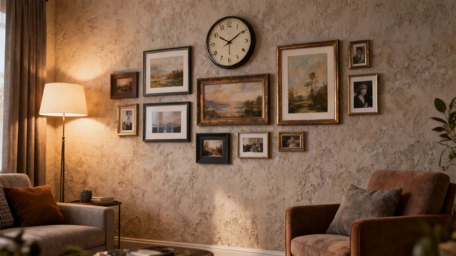 Gallery wall in a living room with an integrated clock surrounded by framed art and photos.