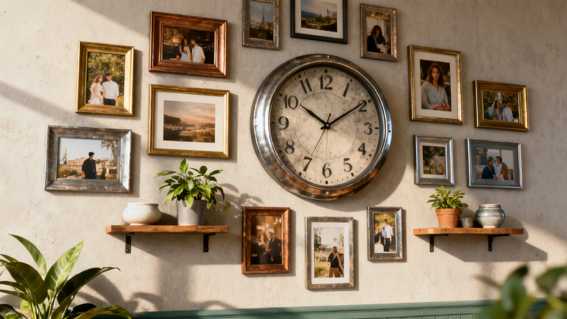 Mixed-media gallery wall with a large clock, framed photos, and small shelves with plants